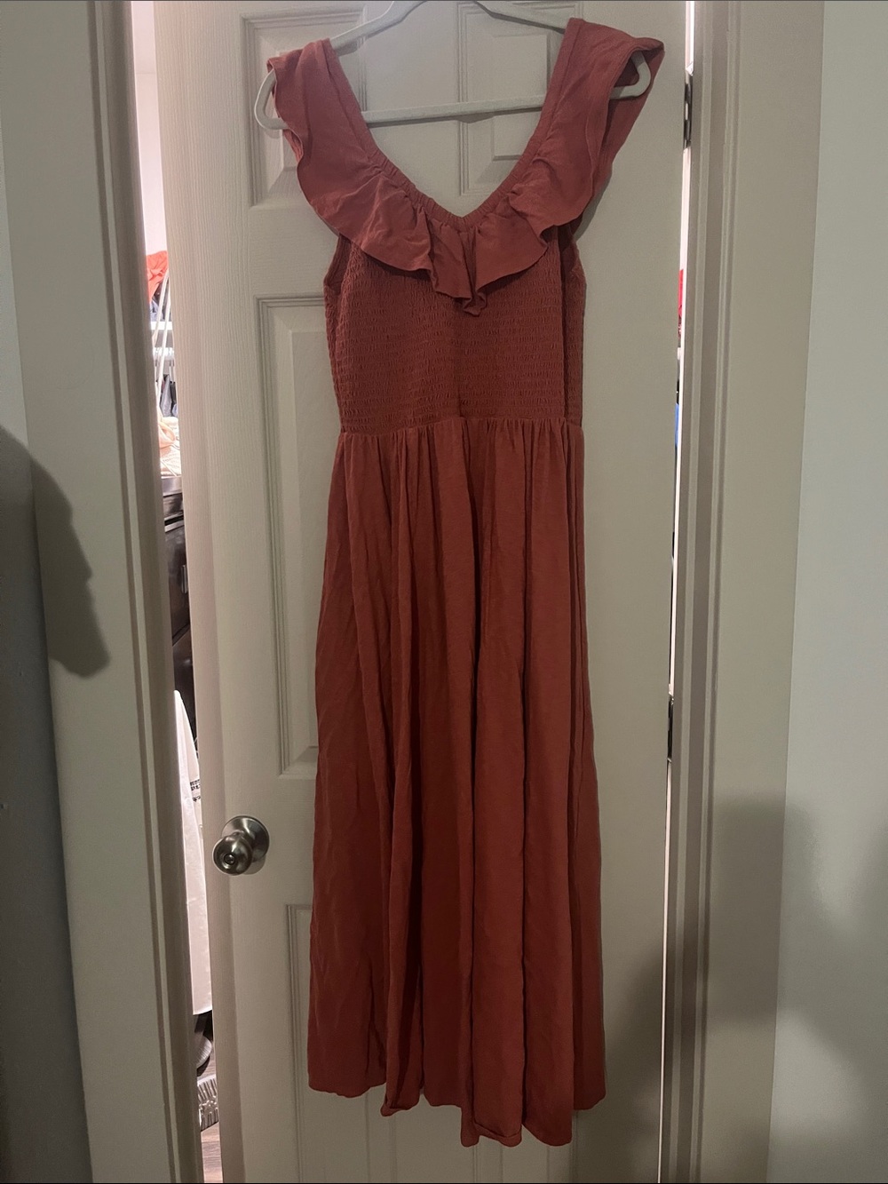 American Eagle Outfitters Rust Maxi Dress with Ruffle V-Neck